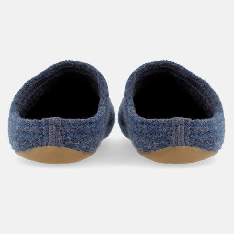 Haflinger Pantoffel Everest Classic in Blau (Jeans) aus reiner Schurwolle mit Gummisohle Hinteransicht