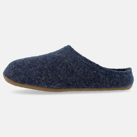 Haflinger Pantoffel Everest Classic in Blau (Jeans) aus reiner Schurwolle mit Gummisohle Seitenansicht