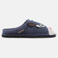 Haflinger Pantoffel Renna in Blau (Jeans) aus Schurwolle mit Rentierapplikation und Filzsohle Seitenansicht 