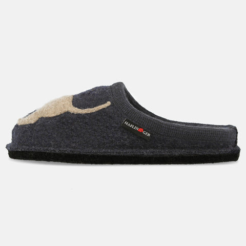 Haflinger Pantoffel Dackel in Blau (Kapitän) aus reiner Schurwolle  mit Dackelapplikation und Filzsohle Seitenansicht