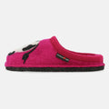Haflinger Pantoffel Molly in Pink (Kardinal) aus Schurwolle mit Kuhapplikation und Filzsohle Seitenansicht 