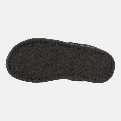 Haflinger Pantoffel Plaid in Blau (Ocean) aus Schurwolle im Schachmuster mit Filzsohle Sohlenansicht