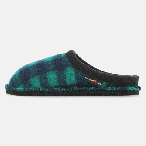 Haflinger Pantoffel Plaid in Blau (Ocean) aus Schurwolle im Schachmuster mit Filzsohle Seitenansicht