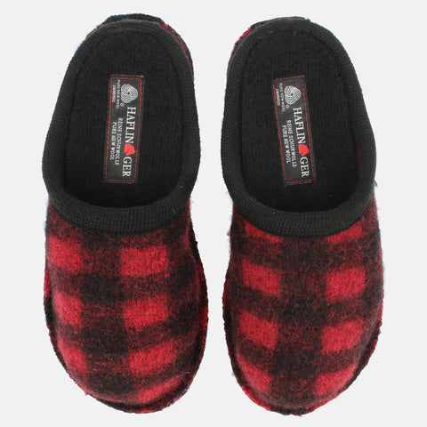 Haflinger Pantoffel Plaid in Rot (Paprika) aus Schurwolle im Schachmuster mit Filzsohle Vogelperspektive