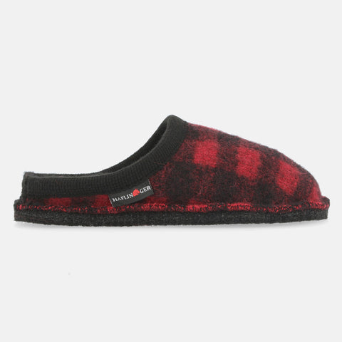 Haflinger Pantoffel Plaid in Rot (Paprika) aus Schurwolle im Schachmuster mit Filzsohle Seitenansicht