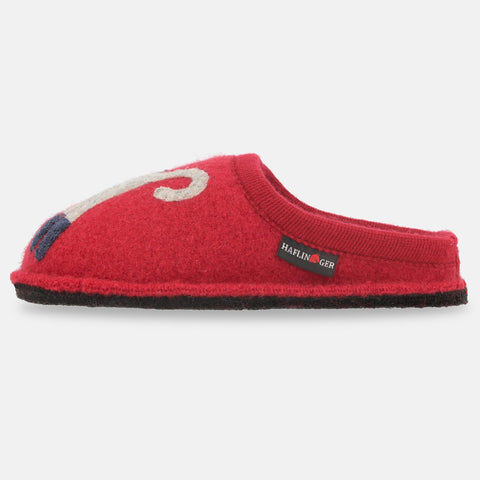 Haflinger Pantoffel Cucho in Rot (Paprika) aus reiner Schurwolle  mit Katzenapplikation und Filzsohle Seitenansicht