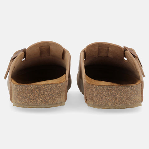 Haflinger Clog Porto in Taupe aus Leder mit Korkfußbett und verstellbarer Schnalle Hinteransicht
