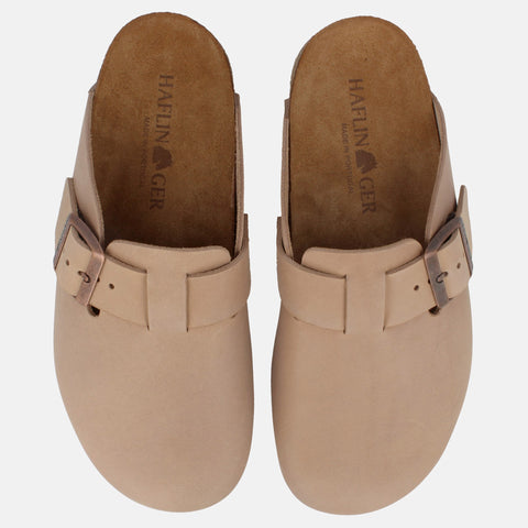 Haflinger Clog Porto in Taupe aus Leder mit Korkfußbett und verstellbarer Schnalle Vogelperspektive