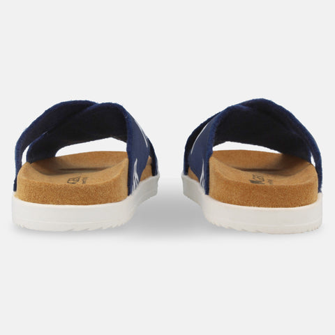 Haflinger Sandale Ibiza in Blau mit zwei Riemen mit dem Aufdruck Haflinger Hinteransicht
