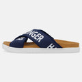 Haflinger Sandale Ibiza in Blau mit zwei Riemen mit dem Aufdruck Haflinger Seitenansicht