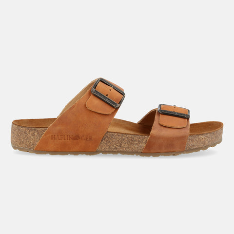 Haflinger Sandale Andrea in Braun (Country Caramel) aus Leder mit Korkfußbett und verstellbaren Schnallen Seitenansicht
