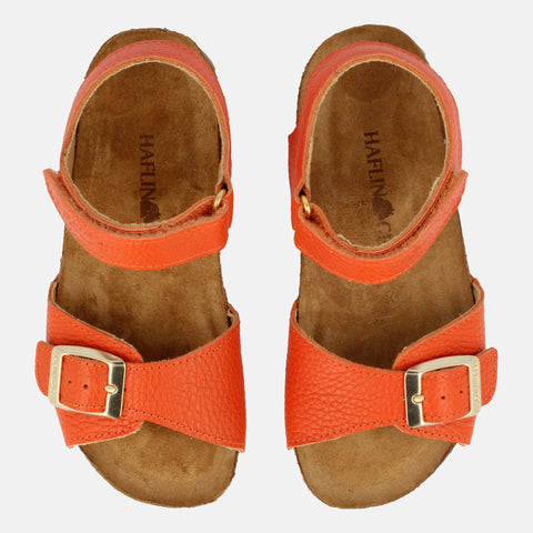 Haflinger Kindersandale Max in Orange (Koralle) aus Leder mit Schnalle, Klettverschluss und Korkfußbett Vogelperspektive