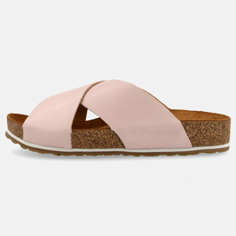 Haflinger Sandale Mio in Pink (Rose) aus Leder mit überkreuzten Riemen und Korkfußbett Seitenansicht
