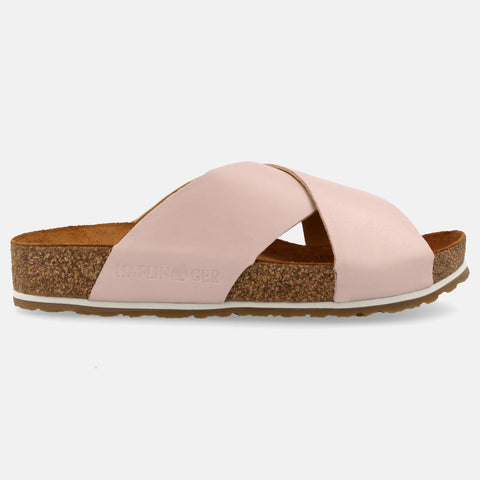 Haflinger Sandale Mio in Pink (Rose) aus Leder mit überkreuzten Riemen und Korkfußbett Seitenansicht