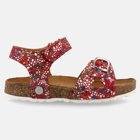 Haflinger Kindersandale Fritzi in Rot (Sandia Bunt) aus Leder mit Schnalle, Klettverschluss und Korkfußbett Seitenansicht