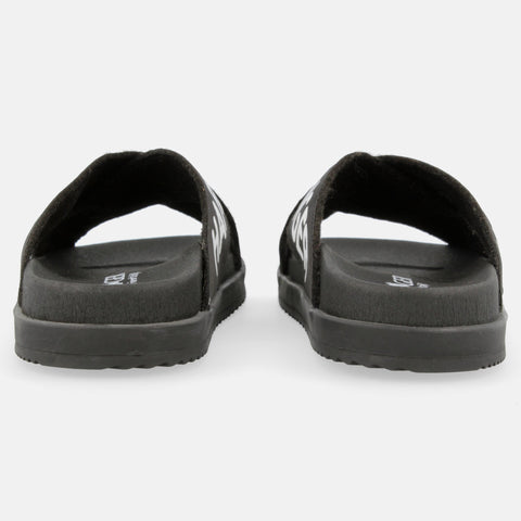 Haflinger Sandale Ibiza in Schwarz mit zwei Riemen mit dem Aufdruck Haflinger Hinteransicht