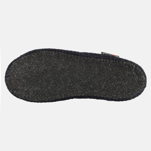 Haflinger Slipper Loafer in Blau (Ocean) aus Walkstoff im Schachfeldmuster mit Filzsohle Sohlenansicht