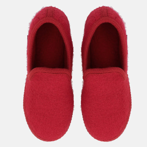 Haflinger Slipper Loafer in Rot (Ziegelrot) aus Walkstoff mit Filzsohle Vogelperspektive