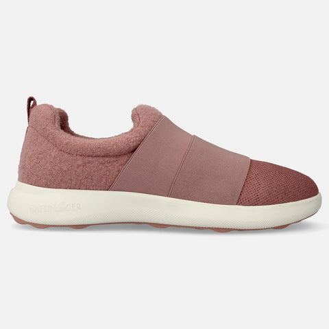 Haflinger Wool Sneaker Jump in Pink (Rosenholz) aus Filz mit elastischen Bändern und Gummisohle Seitenansicht